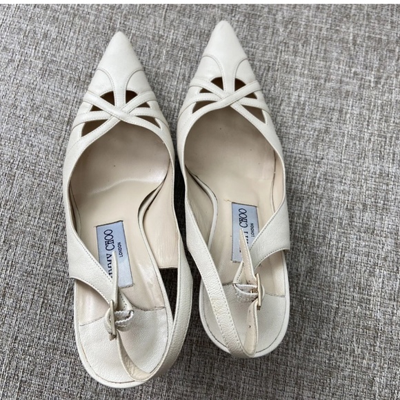 JIMMY CHOO Grainy Goat Leather Ecru Heels EU 38 US 7 Slingback Pointed Toe Ivory - Picture 4 of 7